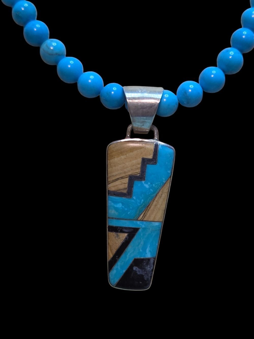 Southwest Turquoise Jasper Onyx Inlay Sterling Silver Large Pendant
